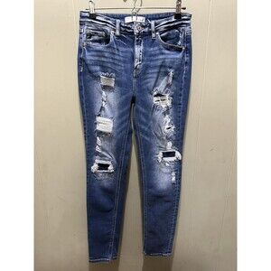 KanCan Womens Jeans 7/27 Distressed Dark Blue Denim Pants